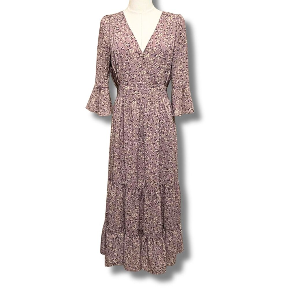 Lulus Lavender Floral Midi Dress Size Small | Ruffle Tiered Prairie Skirt